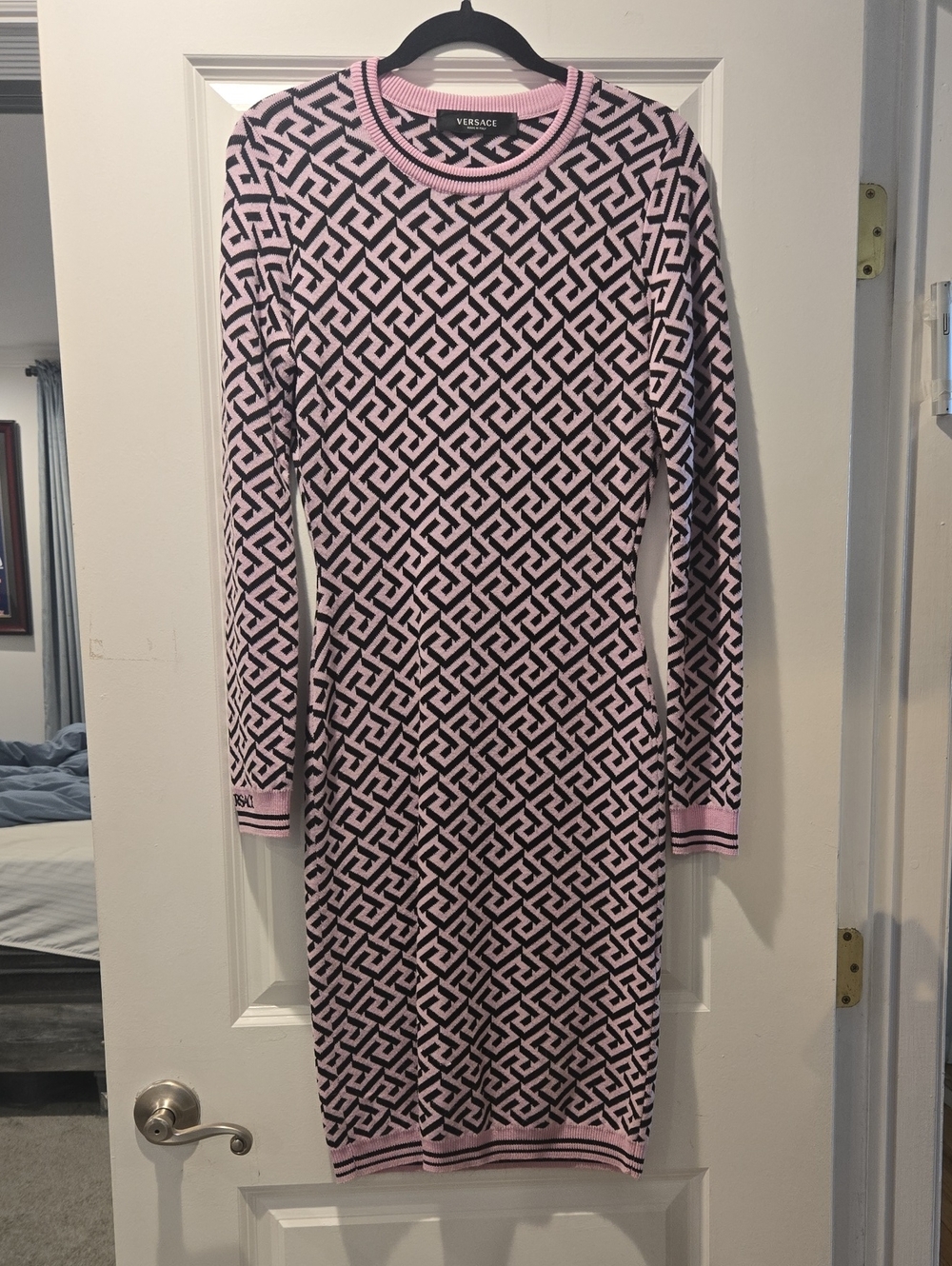 Versace Greca Pink and Black Long Sleeve Geometric Knit Dress